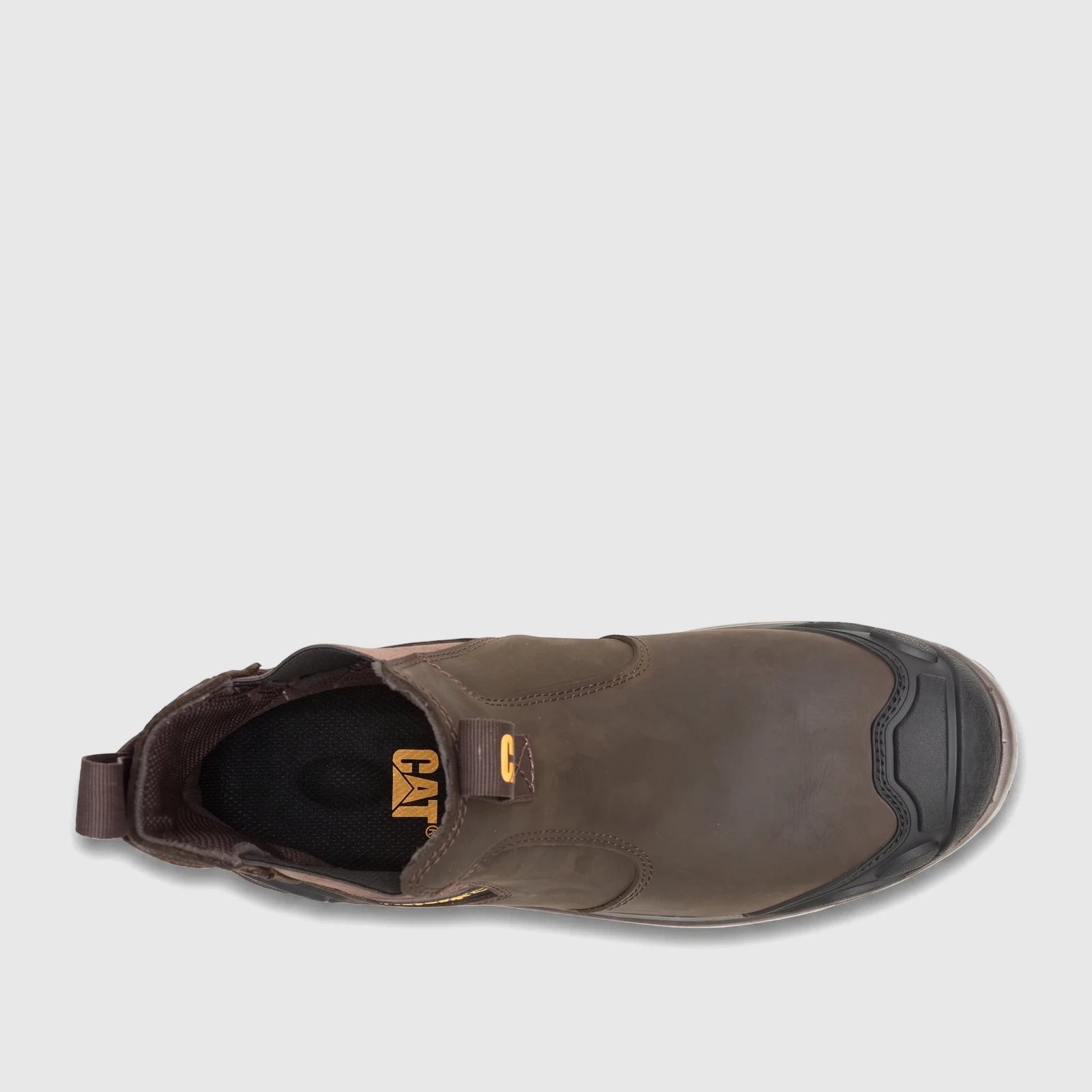 Overhead view of a single brown Cat Men's Striver XL Dealer S3 safety boot, showcasing its durable leather and robust design.