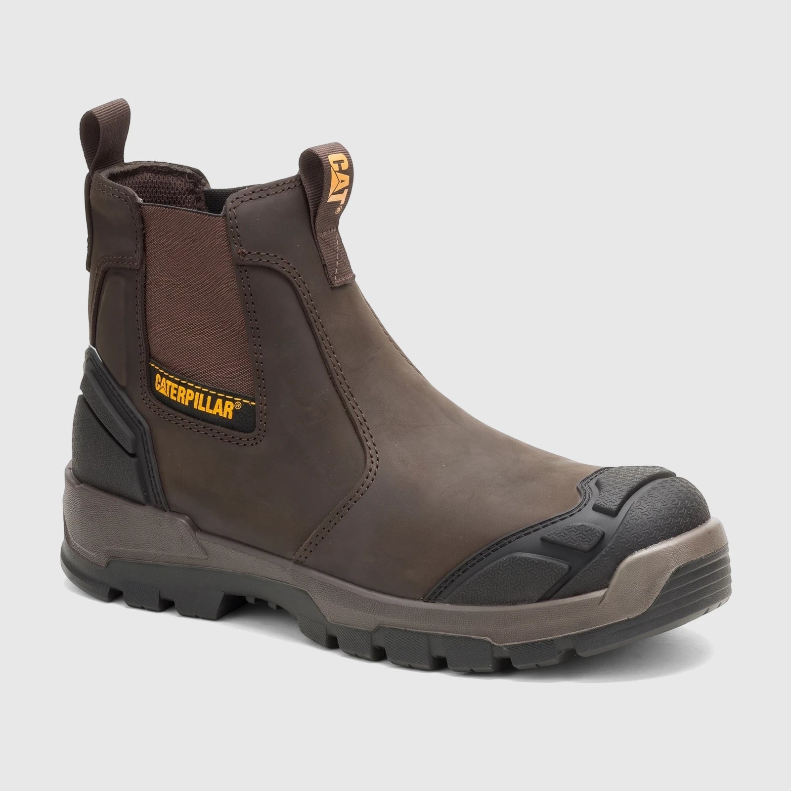 Brown Cat Men's Striver XL Dealer S3 safety boot, made of durable leather with a protective toe and slip-resistant sole,