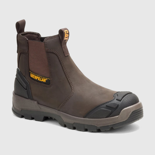 Cat Men's Striver XL Dealer S3 FO SC LG HRO SR Safety Boot in brown, shown from a side view, featuring elastic side panels