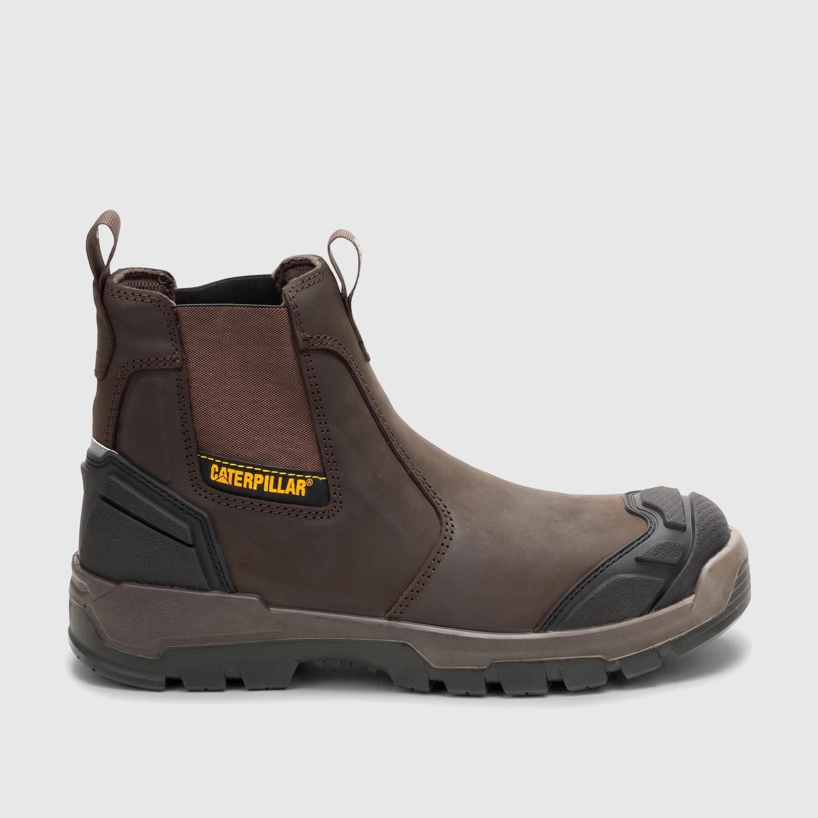 Cat Men's Striver XL Dealer S3 FO SC LG HRO SR Safety Boot in brown, shown from a side view, featuring elastic side panels