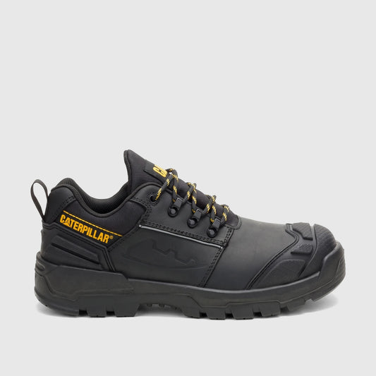 Cat Men's Striver XL Low S3 FO SC LG HRO SR black safety lace-up shoe, seen from a side view.
