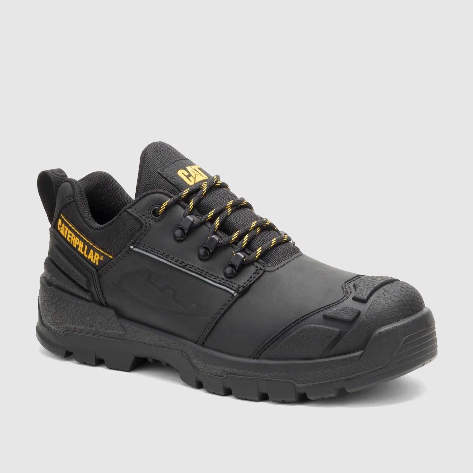 Black Cat Men's Striver XL Low S3 safety lace-up shoe with yellow laces and prominent branding, viewed from the side.