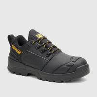Black Cat Men's Striver XL Low S3 safety lace-up shoe with yellow laces and prominent branding, viewed from the side.