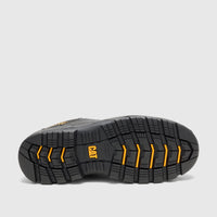 Black Cat Men's Striver XL Low safety boot, displaying the rugged sole with yellow accents and CAT logo.