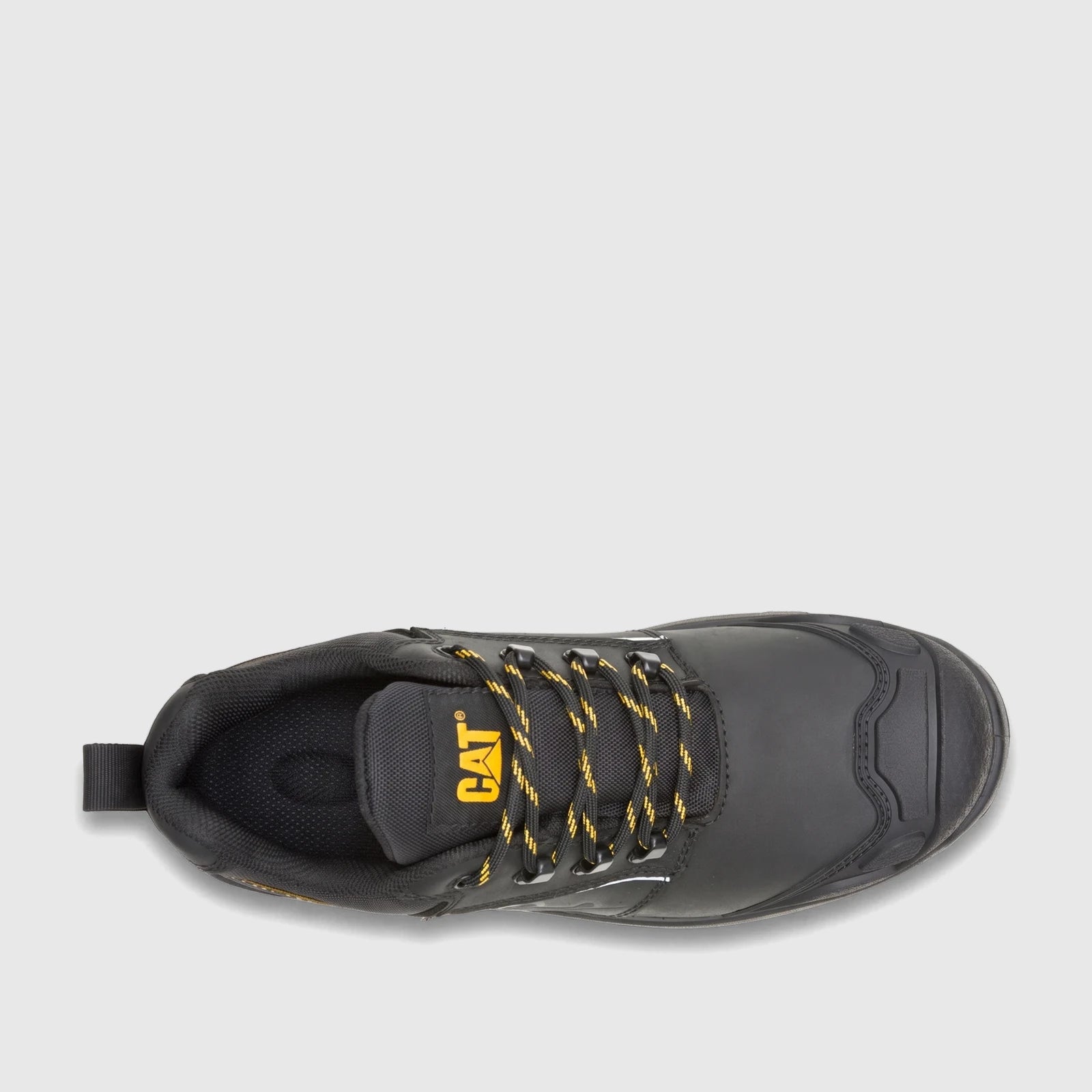 Cat Men's Striver XL Low S3 FO SC LG HRO SR black safety lace-up shoes, top-down view.