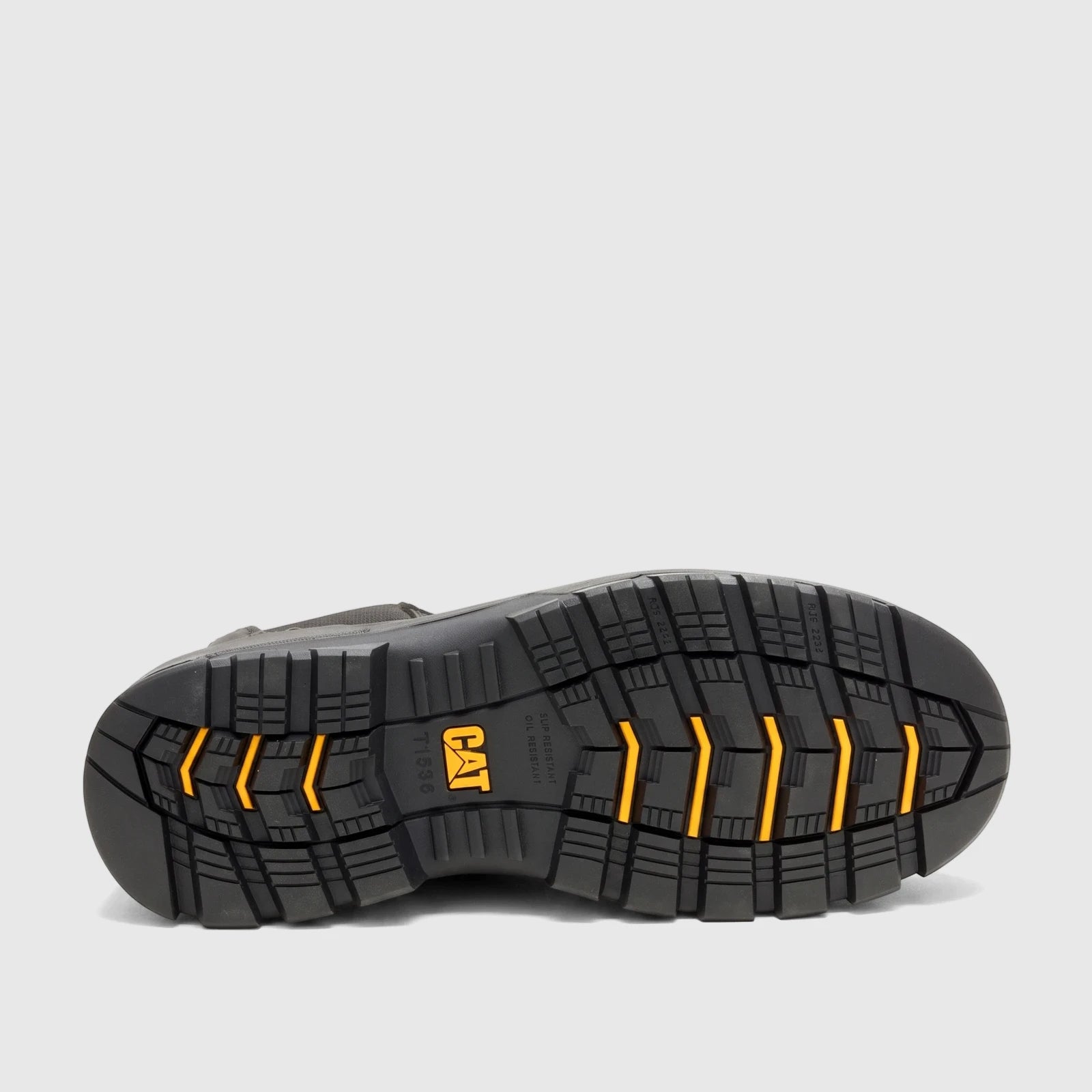 Bottom view of a black Cat Men's Striver XL Dealer S3 FO SC LG HRO SR Safety Boot with rugged sole and yellow accents.