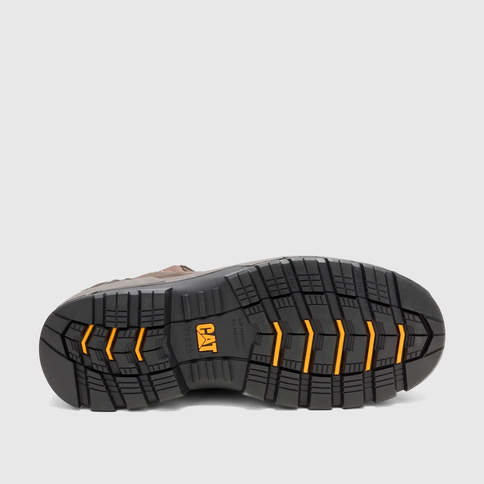 Brown Cat Men's Striver XL Dealer S3 FO safety boot P726457, showing the black sole with orange tread and yellow Cat logo.