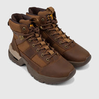 A pair of brown Cat Men's Surge Combat boots, made of leather and textile, photographed on a flat surface.
