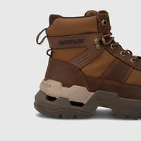 Close-up of a brown Cat Men's Surge Combat P727000 boot, featuring leather and textile details.