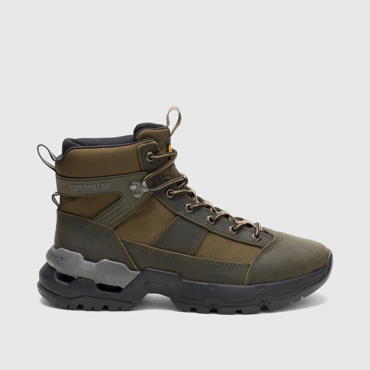 A single dark olive green Cat Men's Surge Combat P726999 boot, featuring a rugged sole and lace-up design, shown from the