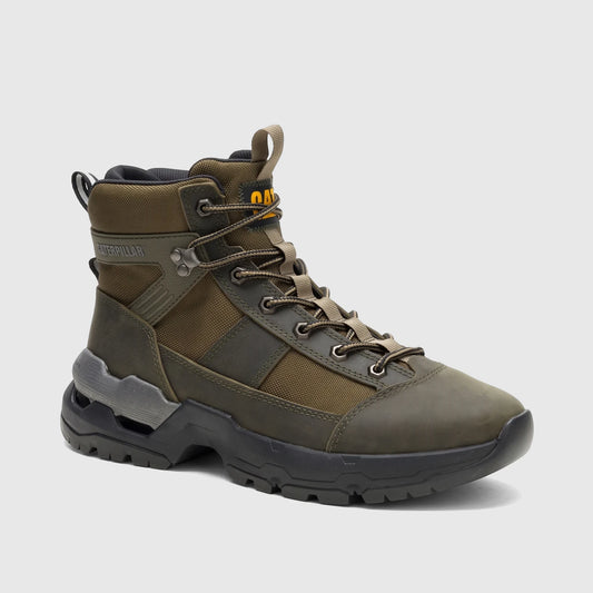 A single dark olive green Cat Men's Surge Combat P726999 boot, featuring a rugged sole and lace-up design, shown from the