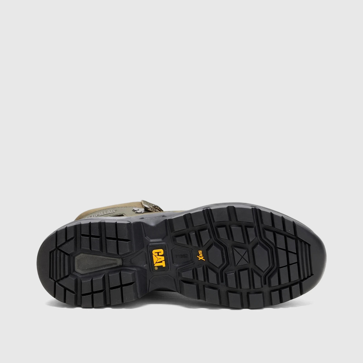 Dark olive Cat Men's Surge Combat boot, model P726999, featuring a durable black sole with yellow CAT branding from an