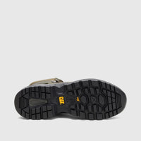 Dark olive Cat Men's Surge Combat boot, model P726999, featuring a durable black sole with yellow CAT branding from an