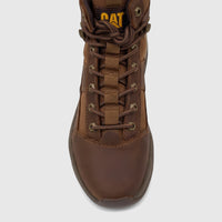 Front view of a brown Cat Men's Surge Combat P727000 boot with detailed laces and logo, designed for durability.