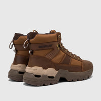 Pair of Cat Men's Surge Combat Boots P727000 in mushroom brown, featuring durable leather and textile construction, shown