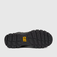 Cat Men's Threshold Chukka boot in black, displaying its rugged sole with deep treads and a prominent yellow CAT logo.