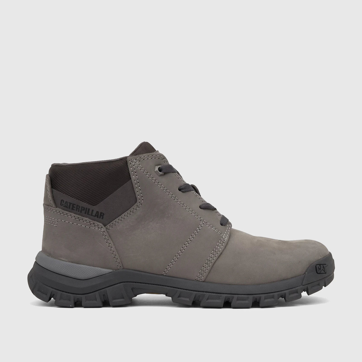 Grey Caterpillar Men's Threshold Chukka P726890 work boot, shown from the side, featuring a durable mid-top design.