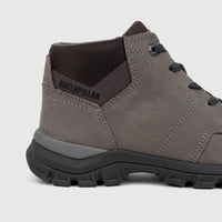 Close-up side view of a gray Cat Men's Threshold Chukka P726890 work boot with a Caterpillar logo on the ankle, black sole,