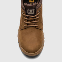 Close-up front view of a Men's Cat Threshold Lace Low boot in bronze brown suede with laces and a visible CAT logo.