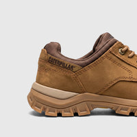 Men's Caterpillar Threshold Lace Low shoe in bronze brown, featuring a durable leather upper and rugged sole, shown in a