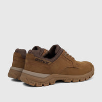 Men's bronze brown Cat Threshold Lace Low work shoes with durable sole and visible Caterpillar logo, seen from a side-rear