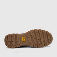 Close-up view of a brown Cat Men's Threshold Lace Low work boot sole, featuring a rugged tread pattern and yellow CAT logo.
