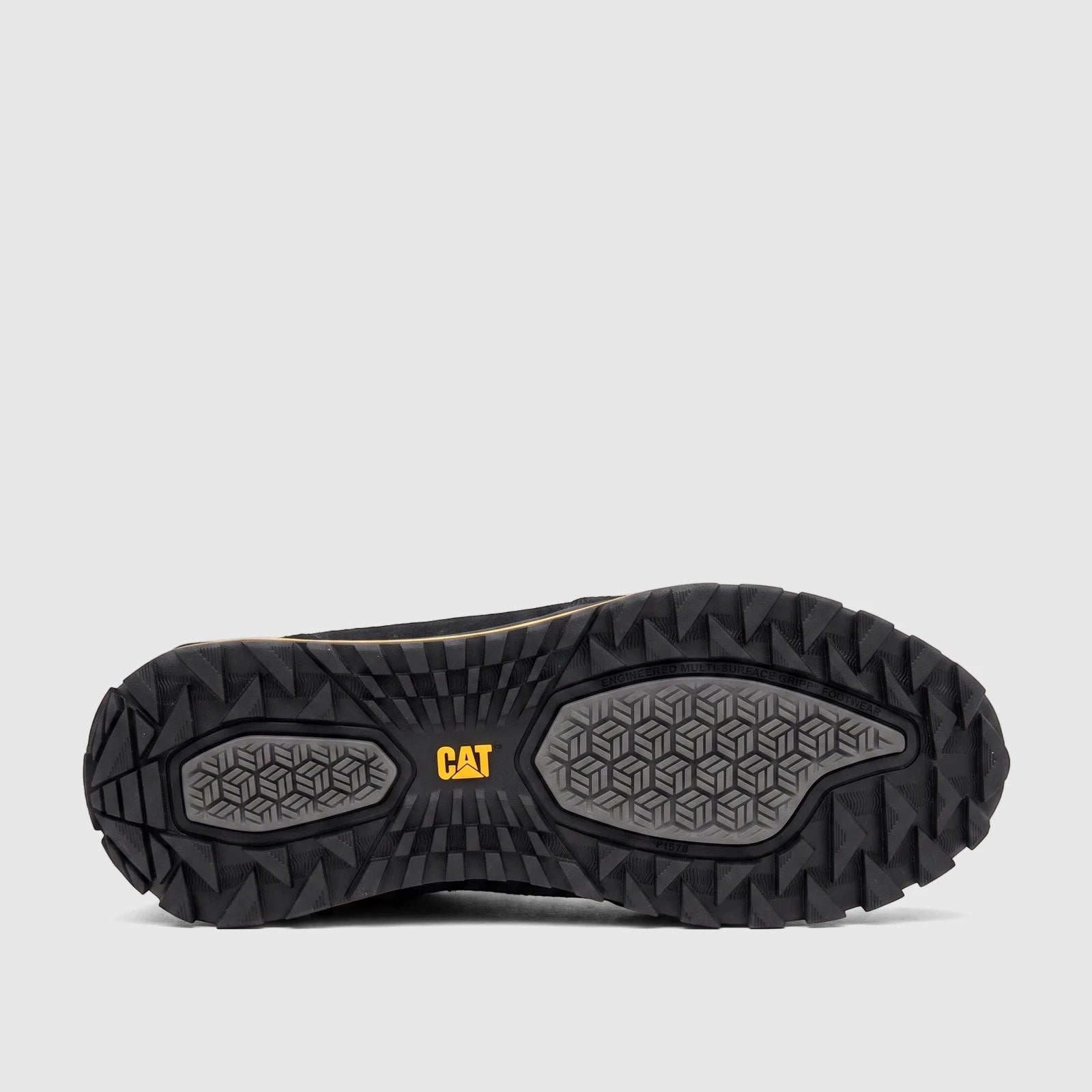 Bottom view of a black Cat Men's Trigen P726923 shoe, showcasing its durable lugged sole with gray hexagonal patterns and
