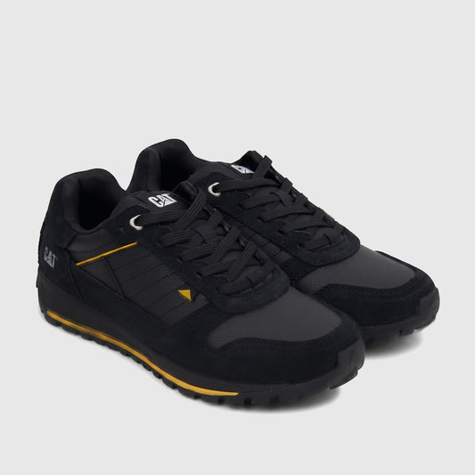 Cat Men's Trigen P726923 CT401 black and yellow sneaker with textured panels and a lugged sole, side view.