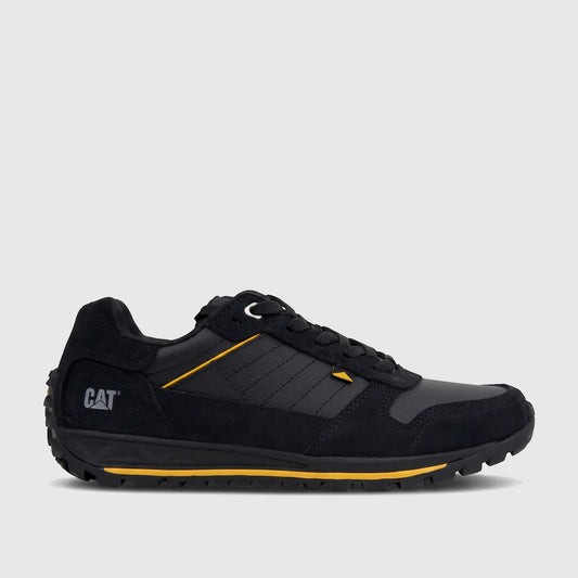 Cat Men's Trigen P726923 CT401 black and yellow sneaker with textured panels and a lugged sole, side view.