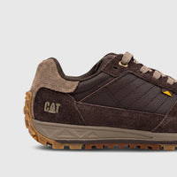 Brown Cat Men's Trigen P726924 Coffee Bean sneaker, shown in a detailed side profile view, featuring suede and synthetic