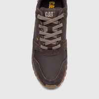 Front view of a brown Cat Men's Trigen P726924 Coffee Bean shoe, made with leather and suede, featuring light brown laces.