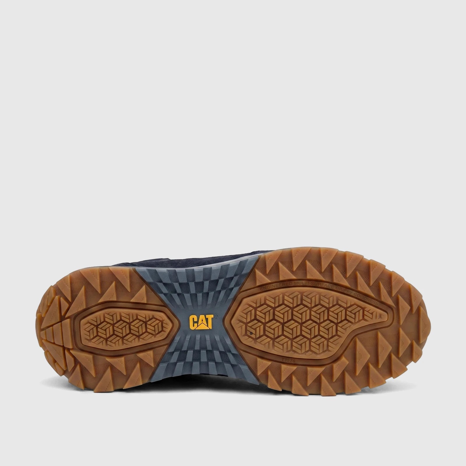 Bottom view of a Cat Men's Trigen P726925 Total Eclipse CT403 shoe, featuring a brown and gray lugged rubber sole for