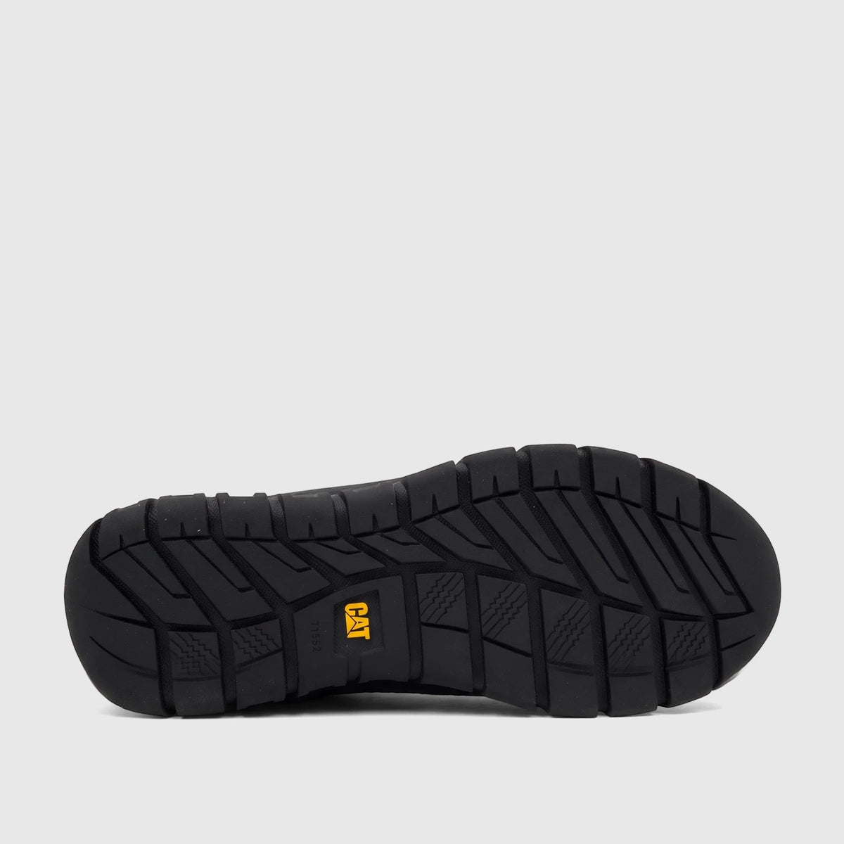 Bottom view of a black Cat Men's Versage Slip On shoe, showcasing its durable rubber sole with distinctive tread pattern and
