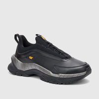 Men's black and silver Cat Voltage P726843 sneaker with a chunky sole and pull tab, shown from the side.