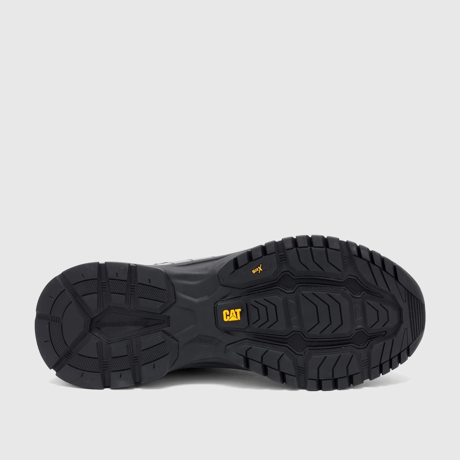 Black Cat Men's Voltage P726843 work shoe sole showing deep traction patterns and yellow branding.