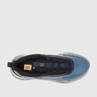Top-down view of a single Cat Men's Voltage P726845 Oceanview blue sneaker with black accents and a pull tab.