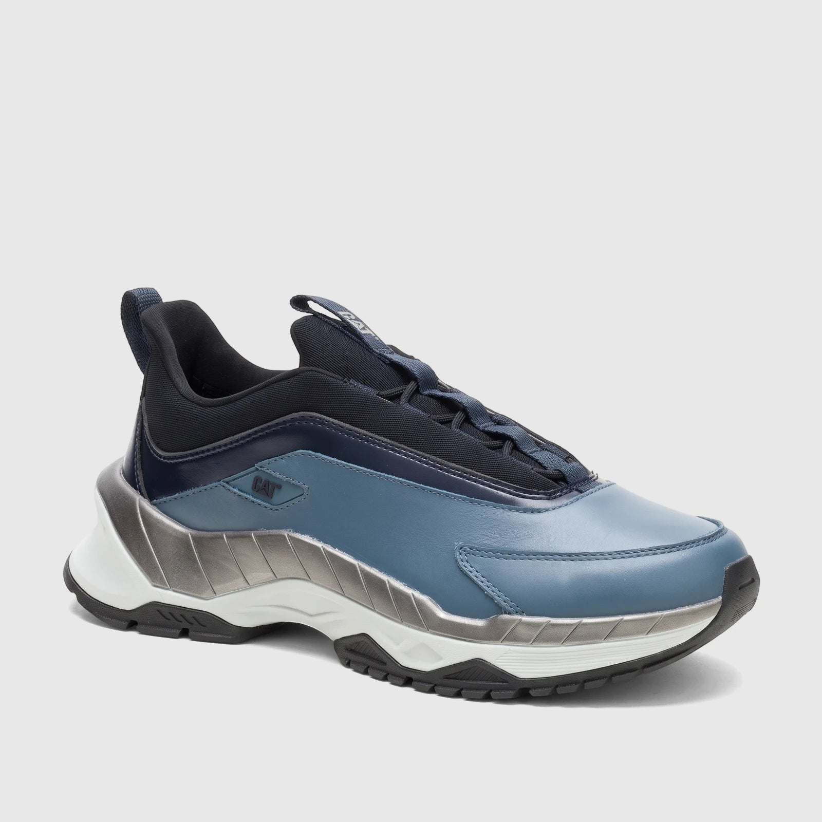 Cat Men's Voltage P726845 CT406 sneaker in oceanview blue with navy accents and a metallic gray sculpted midsole, shown from