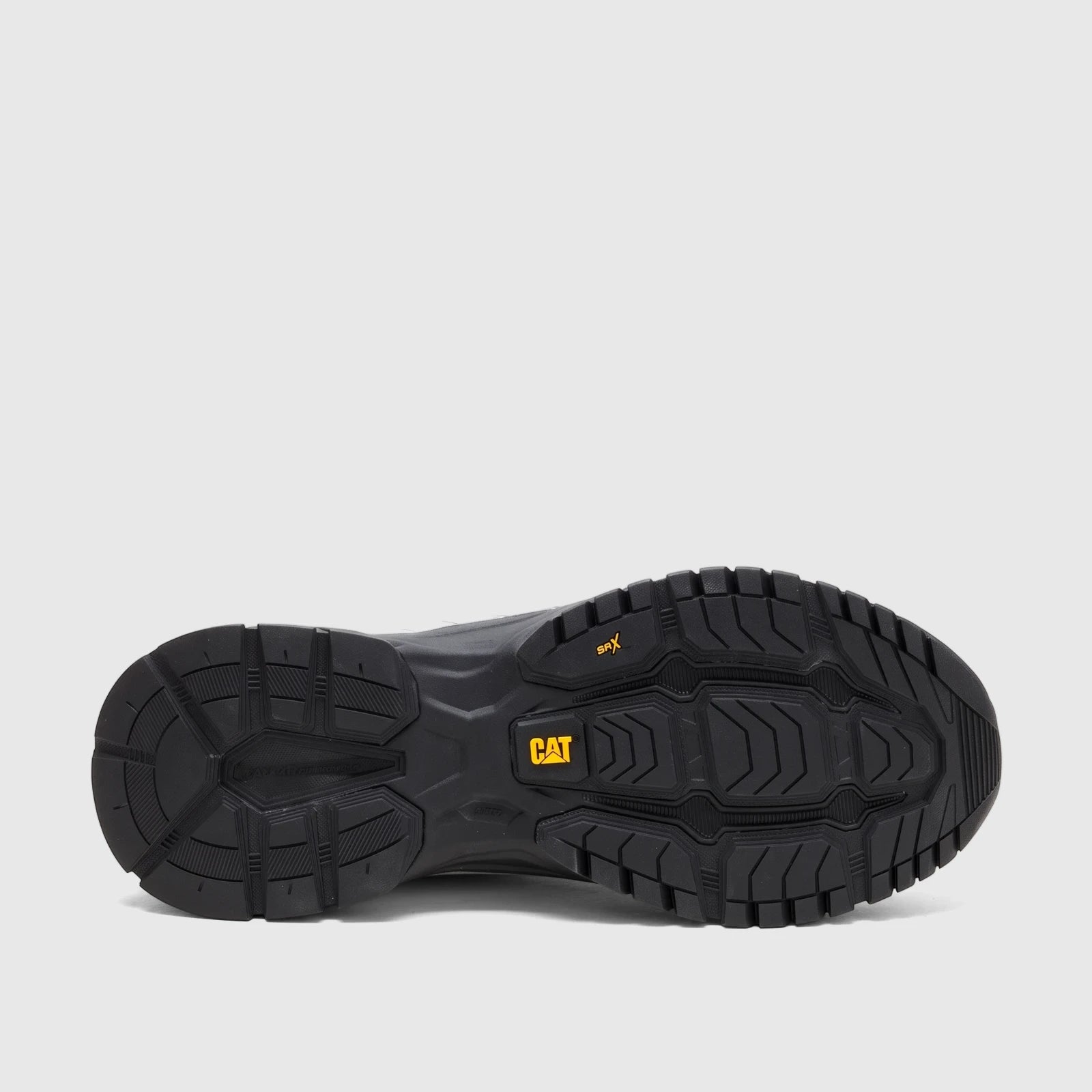 Cat Men's Voltage work shoe showing the black rubber sole with deep tread, yellow CAT logo, and SRX branding, bottom view.