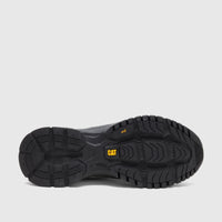 Cat Men's Voltage work shoe showing the black rubber sole with deep tread, yellow CAT logo, and SRX branding, bottom view.