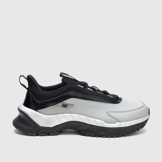 Cat Men's Voltage P726846 sneaker in limestone gray, black, and silver, showcasing the side profile and chunky sole.