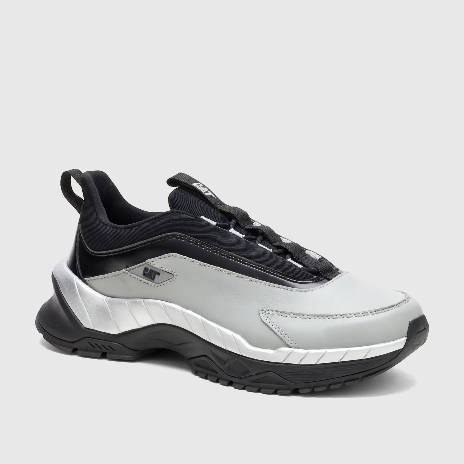 Cat Men's Voltage P726846 sneaker in limestone gray, black, and silver, showcasing the side profile and chunky sole.