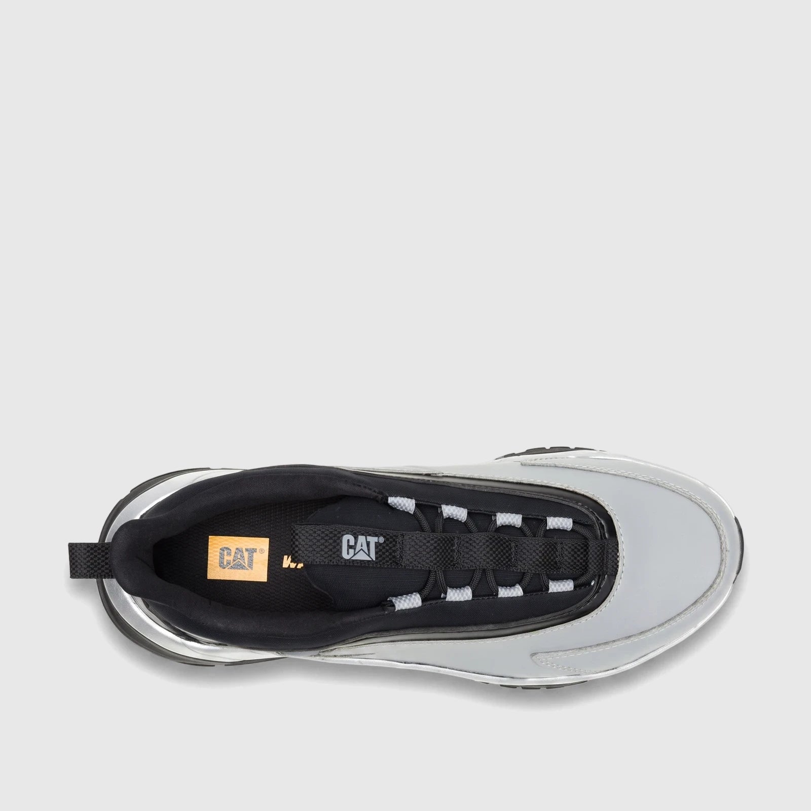 Top-down view of a Cat Men's Voltage P726846 Limestone sneaker in gray and black, showing the textured upper and durable