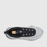 Top-down view of a Cat Men's Voltage P726846 Limestone sneaker in gray and black, showing the textured upper and durable