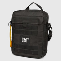 Black Cat Namib Tablet Bag 84036-80, a tactical-style messenger bag with a white CAT logo and yellow hangtag, shown at a