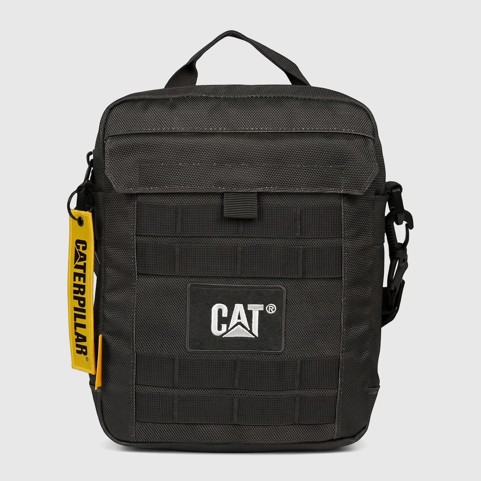 Black Cat Namib tablet bag with prominent CAT logo, made from durable textile, shown from the front with a yellow