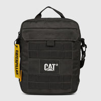 Black Cat Namib tablet bag with prominent CAT logo, made from durable textile, shown from the front with a yellow