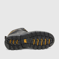 Black Cat Striver XL 6-inch safety boot, offering a clear view of the durable slip-resistant sole with yellow accents and