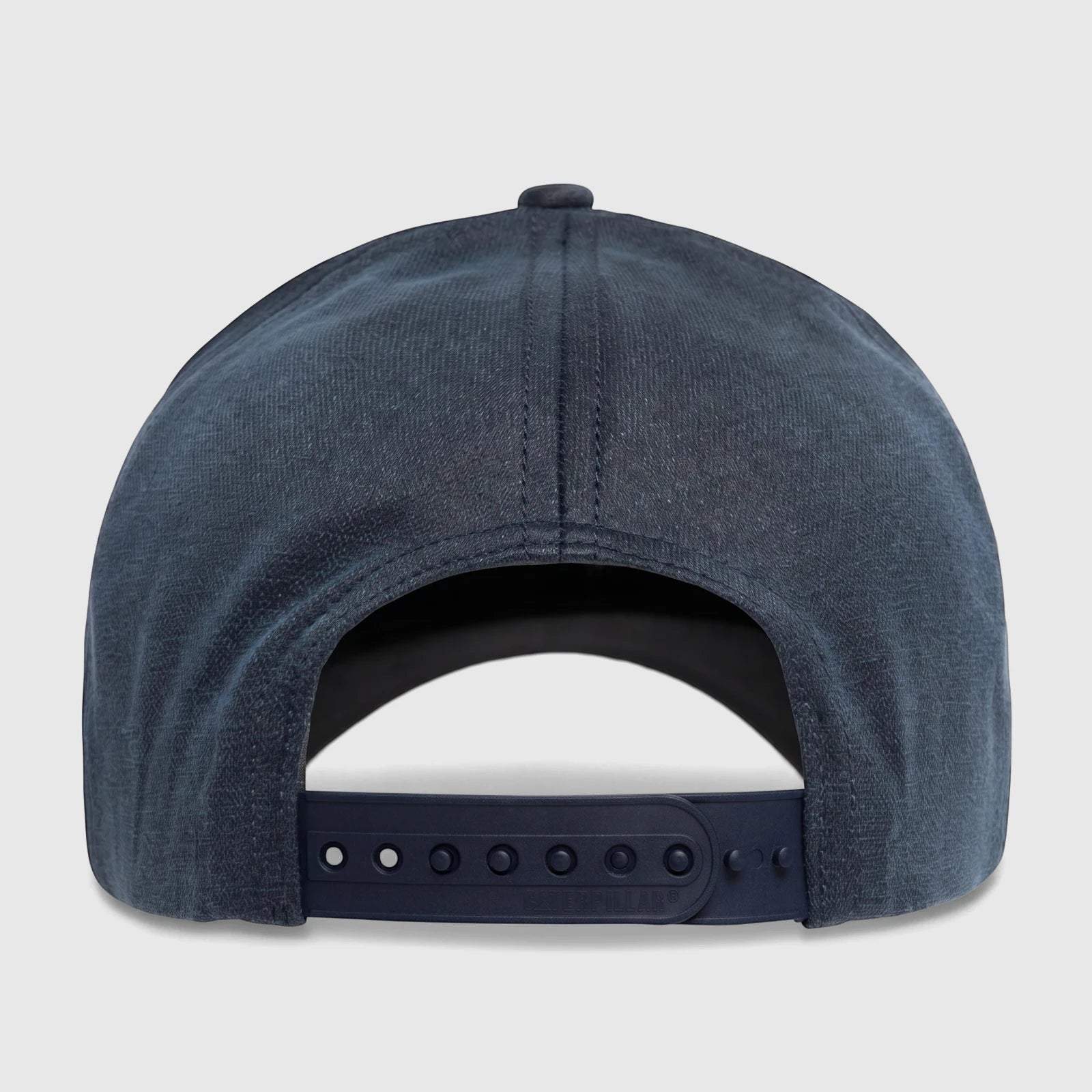 Dark blue Cat Tractor Company trucker hat, rear view, featuring a snapback closure and textured fabric.