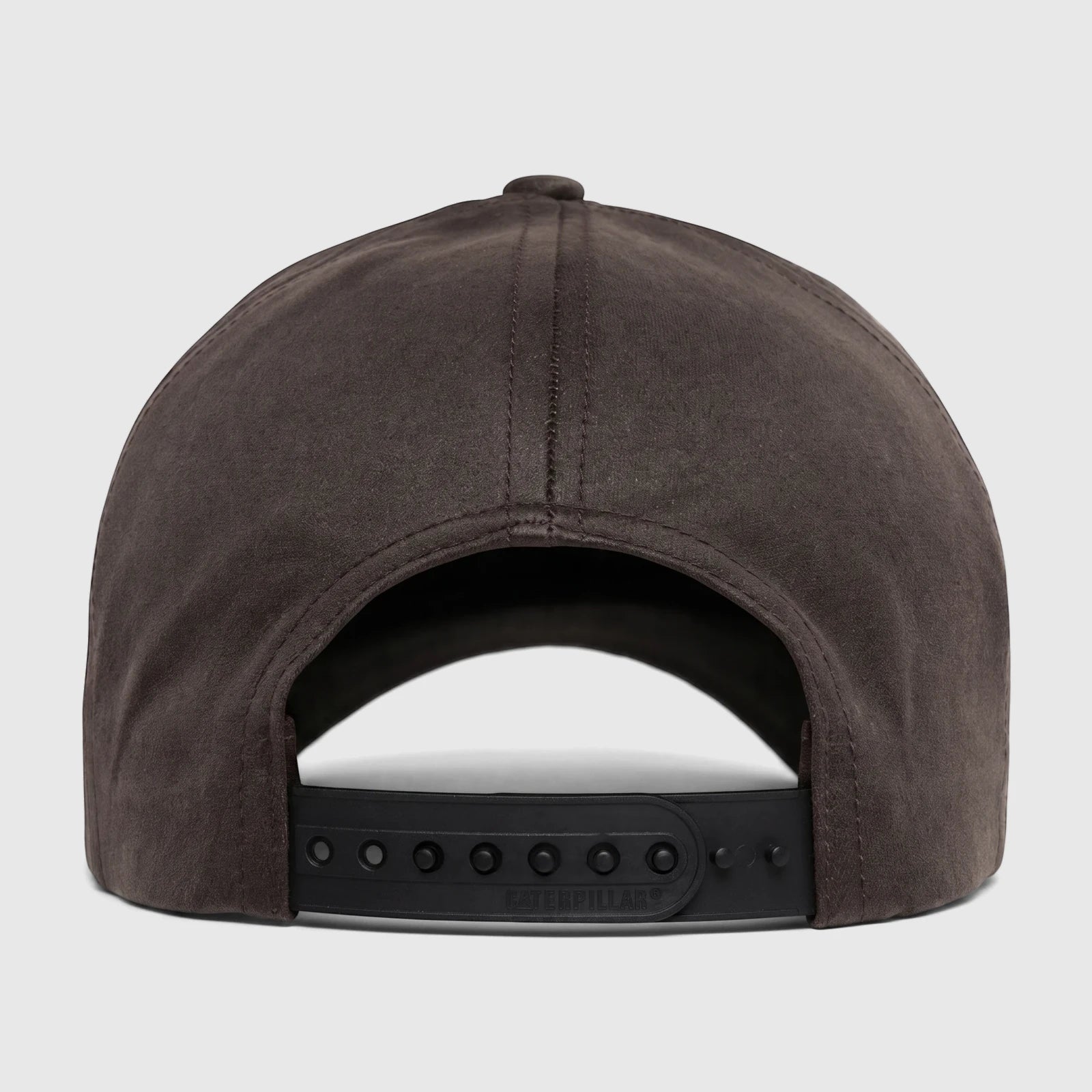Back view of a pitch black Cat Tractor Company trucker hat made from a suede-like material, featuring an adjustable snapback