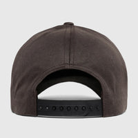 Back view of a pitch black Cat Tractor Company trucker hat made from a suede-like material, featuring an adjustable snapback